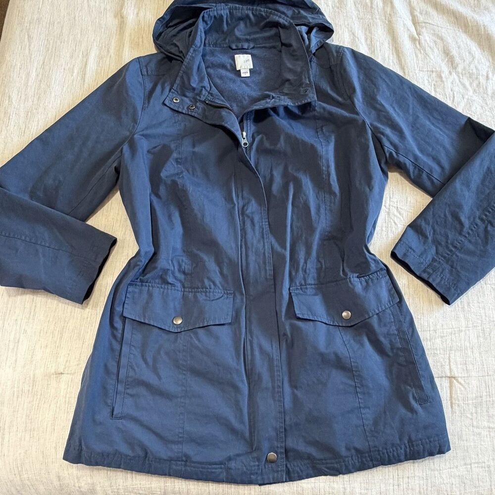 J. Jill Women's Size M Blue Utility Jacket Hooded Waist Drawstring Front Pockets